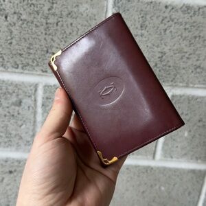 Cartier Leather Card Holder with Embossed Logo and Gold Corners - Burgundy